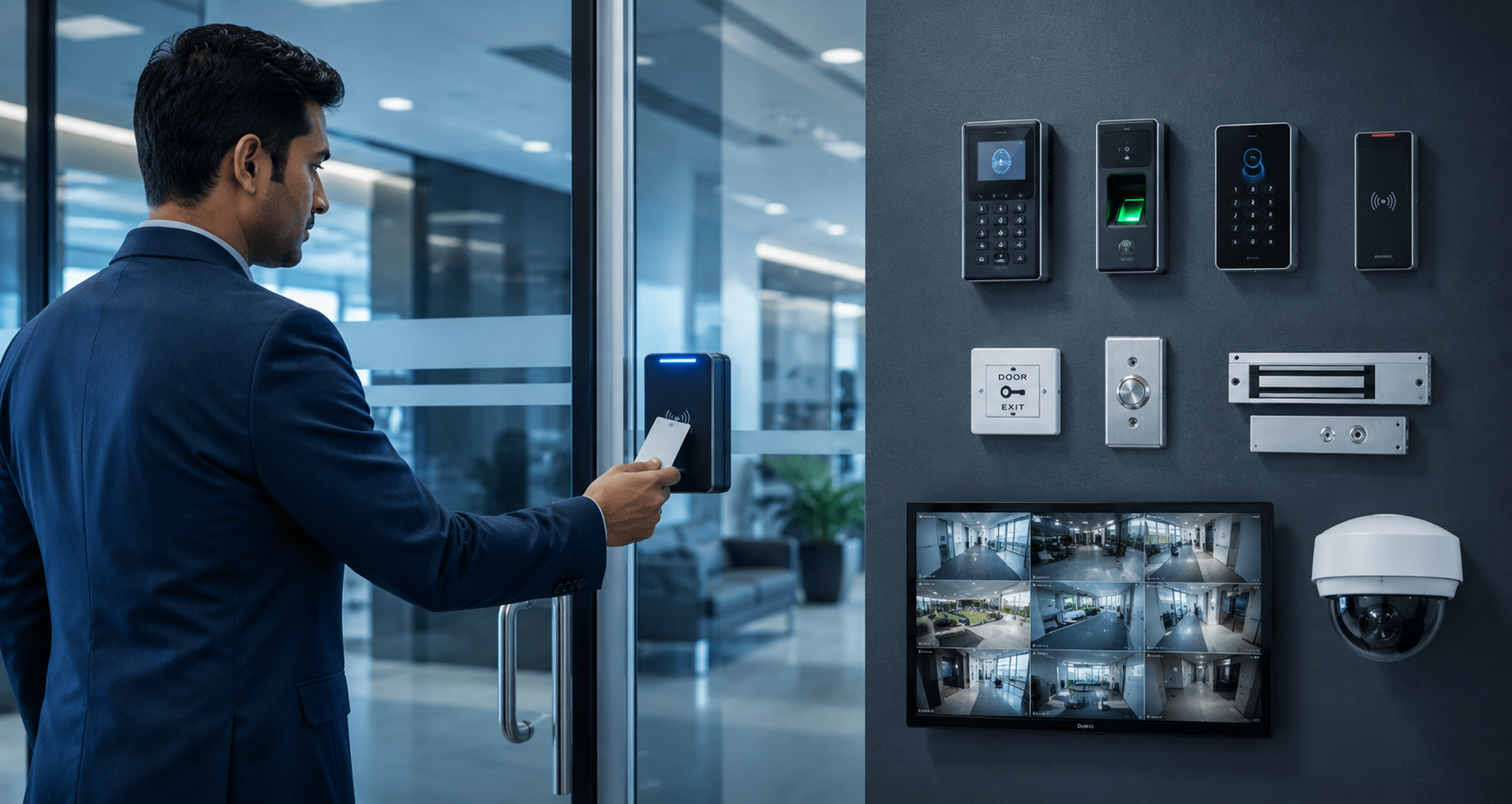 Access control keypad, biometric scanner and wiring panel at a secured door